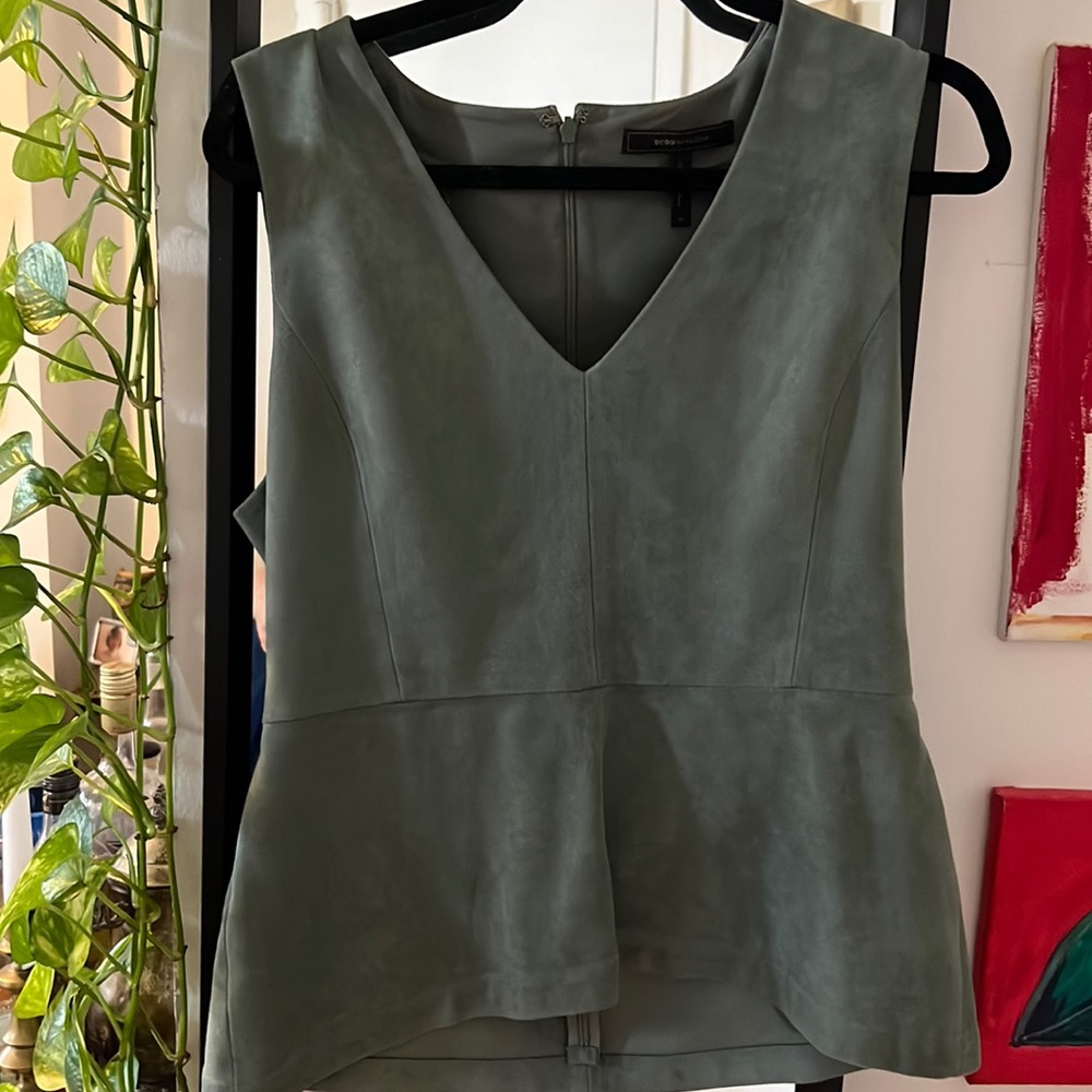 Faux Suede Olive Green Structured sleeveless blouse